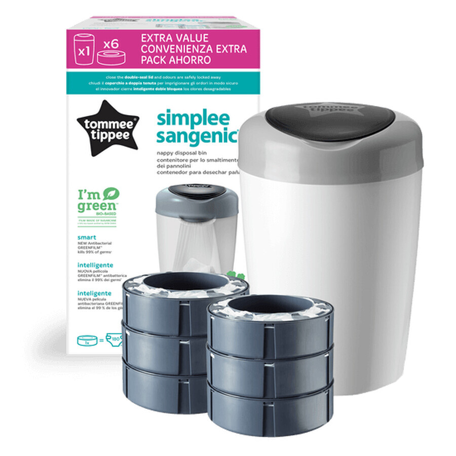 Panier à couches + 6 recharges Sangenic Simplee Recyclable, blanc et gris, Tommee Tippee