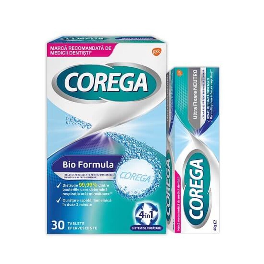 Paquet Comprimés effervescents Formule Bio, 30 comprimés + Neutro Ultra Fixation Crème adhésive pour prothèses dentaires, 40 g, Corega