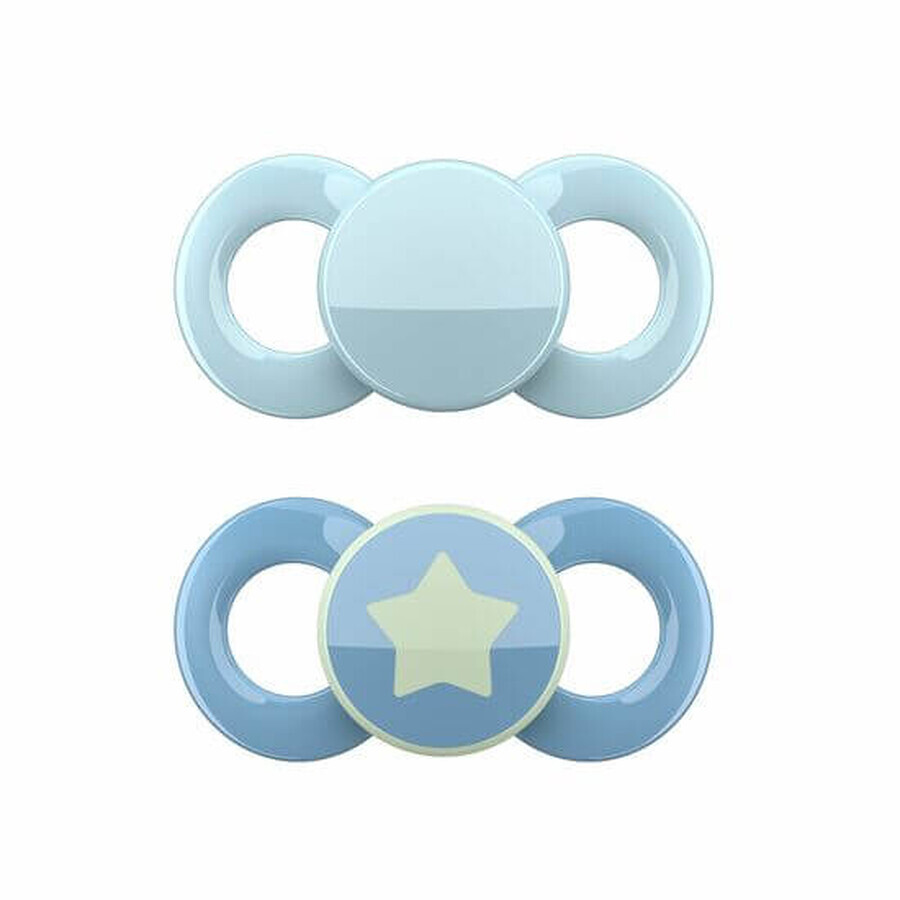 Lot de 2 sucettes en silicone sans anneau Jour et Nuit, +0 mois, Bleu, Dentistar