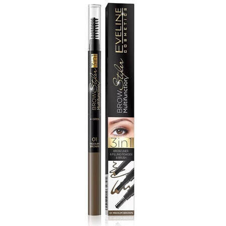 Matita per sopracciglia multifunzionale 3 in 1 Brow Styler, 01 Castano medio, Eveline Cosmetics