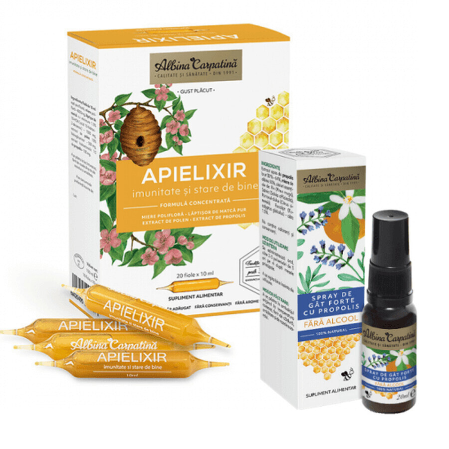 Pachet Apielixir imunitate si stare de bine, 20 fiole x 10 ml + Spray de gat forte cu propolis, 20 ml, Albina Carpatina