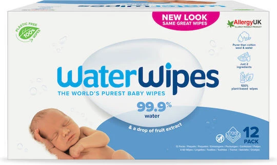 WATERWIPES Lingettes avec 99,9% d'eau, sans alcool ni parabènes (12 paquets de 60 pièces) 720 pièces