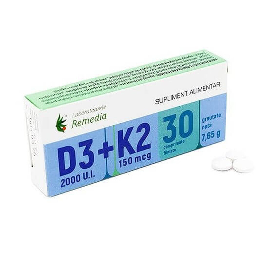 Vitamin D3 2000 IU + K2 75 mcg, 30 Tabletten, Remedia Laboratories