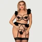Plus Dimensiune Sexy 3 Pcs Broderie Applique Feather Bra Panty Set Cu Underwire - Negru - Large/X-Large