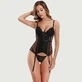 Corset din dantelă de satin de lux 8 piese cu detalii din os de plastic - negru - mare