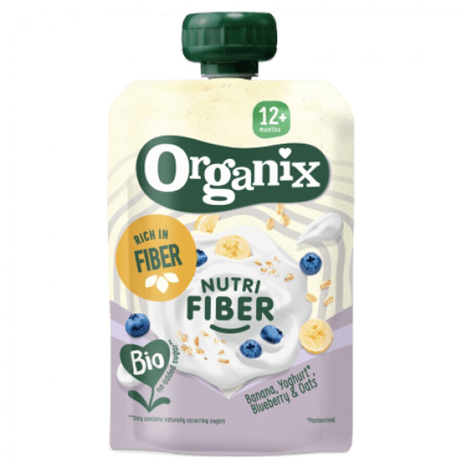 Purée de banane, yaourt, myrtilles et flocons d'avoine biologiques Nutri Fiber, 12 mois et +, 100 g, Organix