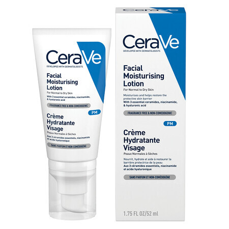 Crème hydratante pour le visage pour les peaux normales et sèches, 52 ml, CeraVe