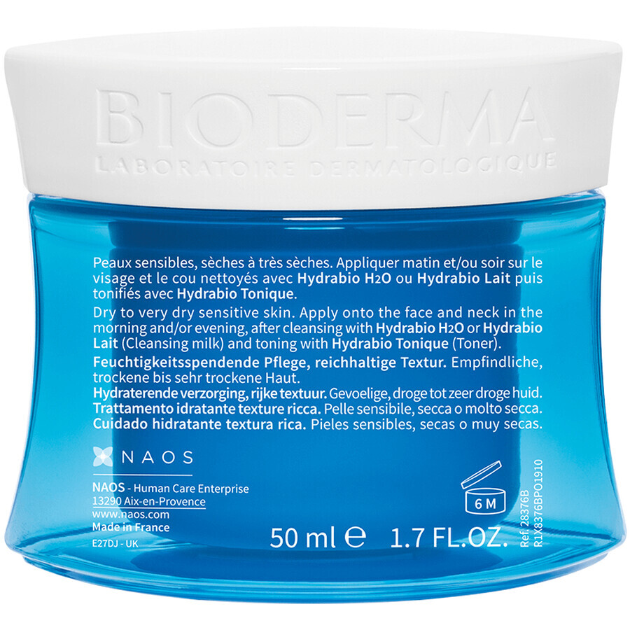Bioderma Hydrabio Crème Hydratante pour Peaux Sensibles et Sèches, 50 ml
