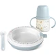 Set Suavinex pentru mâncare caldă – farfurie termică + lingură din silicon + cană cu mânere – albastru deschis