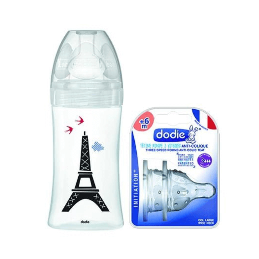 Emballage Biberon en verre avec fonction sensorielle et tétine plate anti-colique Debit 2 + 2 tétines Paris, 0 - 6 mois, 270 ml, Dodie