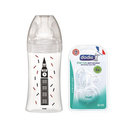 Glasflaschenpackung mit sensorischer Funktion und Anti-Kolik-Flachsauger Flow 2+ 2 Londoner Sauger, 0 - 6 Monate, 270 ml, Dodie