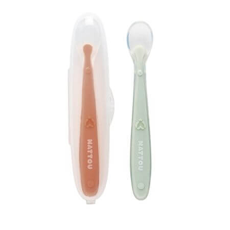 Set 2 lingurite din silicon si cutie de protectie, crem si gri, Nattou