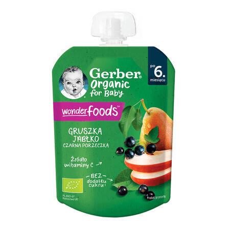 Bio-Birnen-, Apfel- und schwarzes Johannisbeerpüree, +6 Monate, 80 gr, Gerber