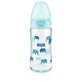 Nuk | Biberón de cristal anticólicos con control de temperatura «First Choice Plus» y tetina de silicona, azul cielo con elefantes, para 0-6 meses | 240 ml