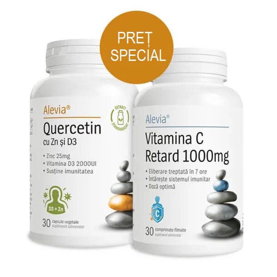Quercetin mit Zink und Vitamin D3 + Vitamin C Retard 1000 mg, 30 + 30 Tabletten, Alevia