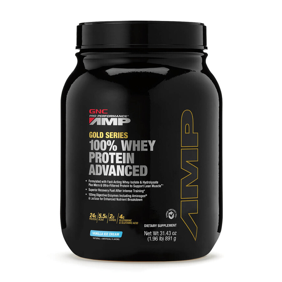 Gnc Amp Gold Series 100% Whey Protein Advanced, proteine ​​del siero di latte, con sapore di vaniglia, 891 G