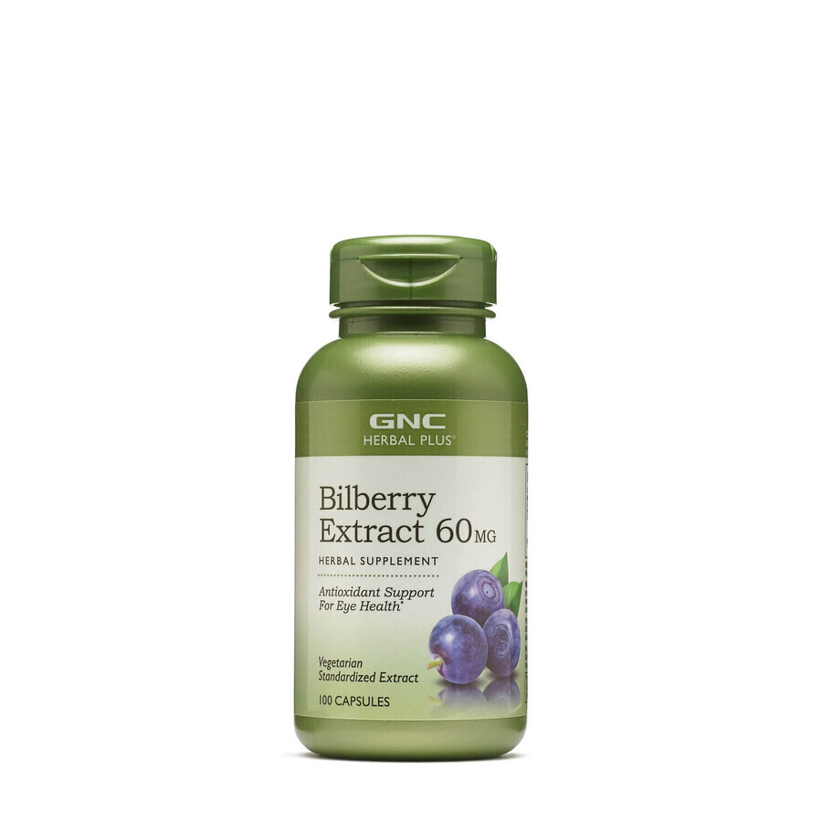 Gnc Herbal Plus Bilberry Extract 60 Mg, Extrait de myrtille standardisé, 100 Cps