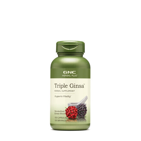 Gnc Herbal Plus Triple Ginseng, extrait standardisé de 3 types de ginseng, 100 cps