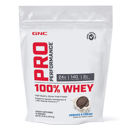 Gnc Pro Performance 100% Whey, protéines de lactosérum, arôme biscuit et crème, 411.6g