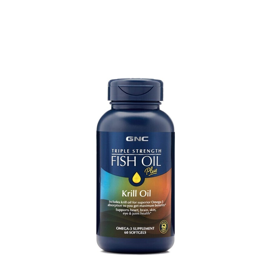 Gnc Triple Strength Fish Oil Plus Krill Oil, Huile de poisson et huile de krill, 60 Cps