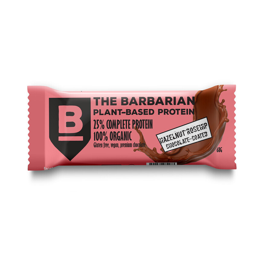 Barre protéinée bio enveloppée de chocolat avec noisettes et macarons, 68 gr, The Barbarian