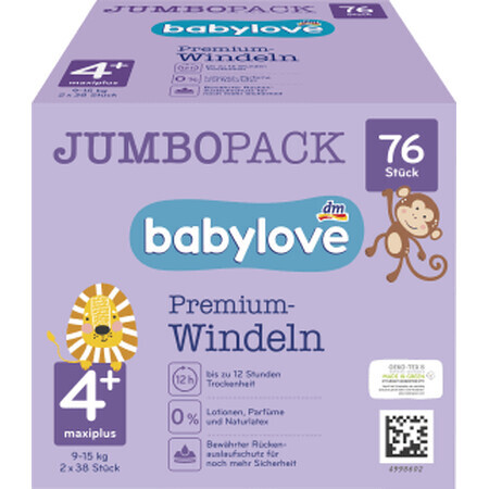 Couches Babylove Premium jumbo taille 4+, 76 pièces