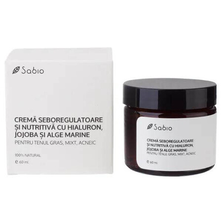 Crème séborégulatrice pour peaux grasses, mixtes et acnéiques avec hyaluron, jojoba et algues, 60 ml, Sabio